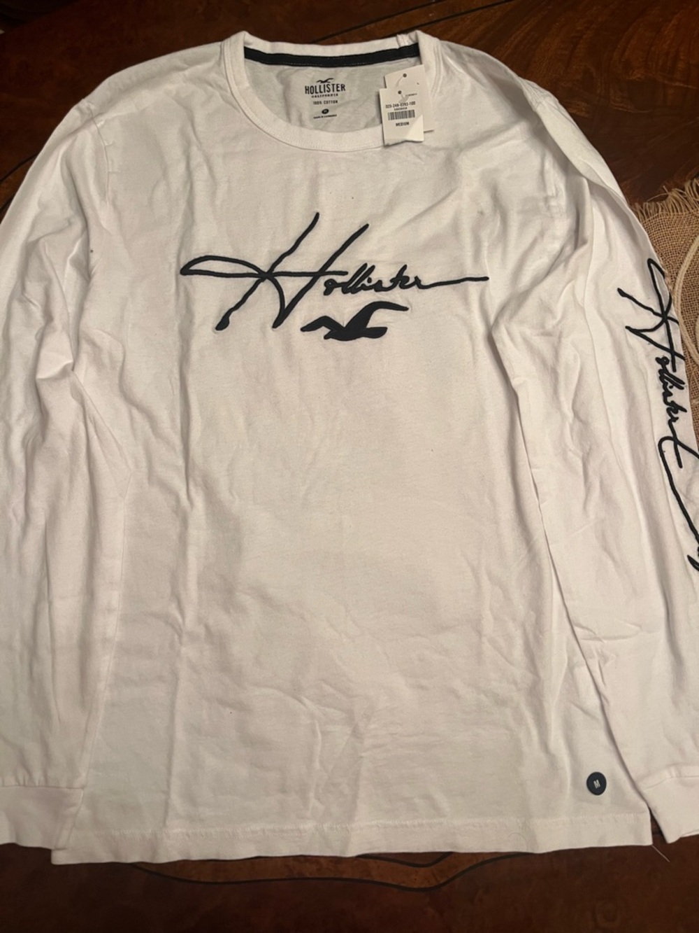 Hollister White Long-Sleeve Shirt with Navy Script Logo